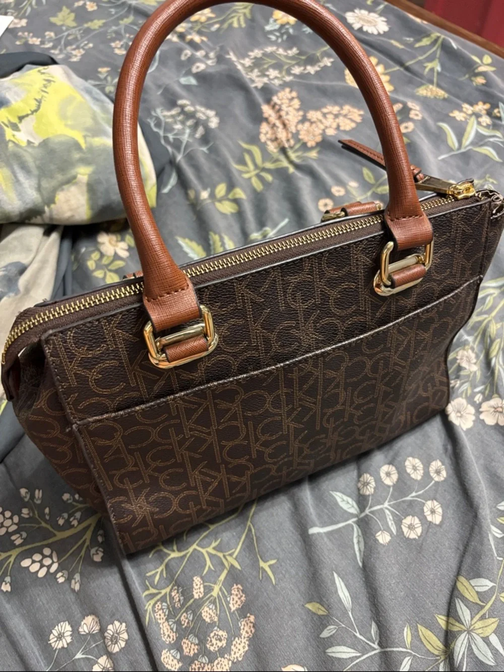 Calvin Klein Brown Monogram Zipper Handbag with Tan Handles and Gold Hardware